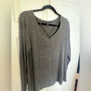 Gray V-Neck Long Sleeve Top
